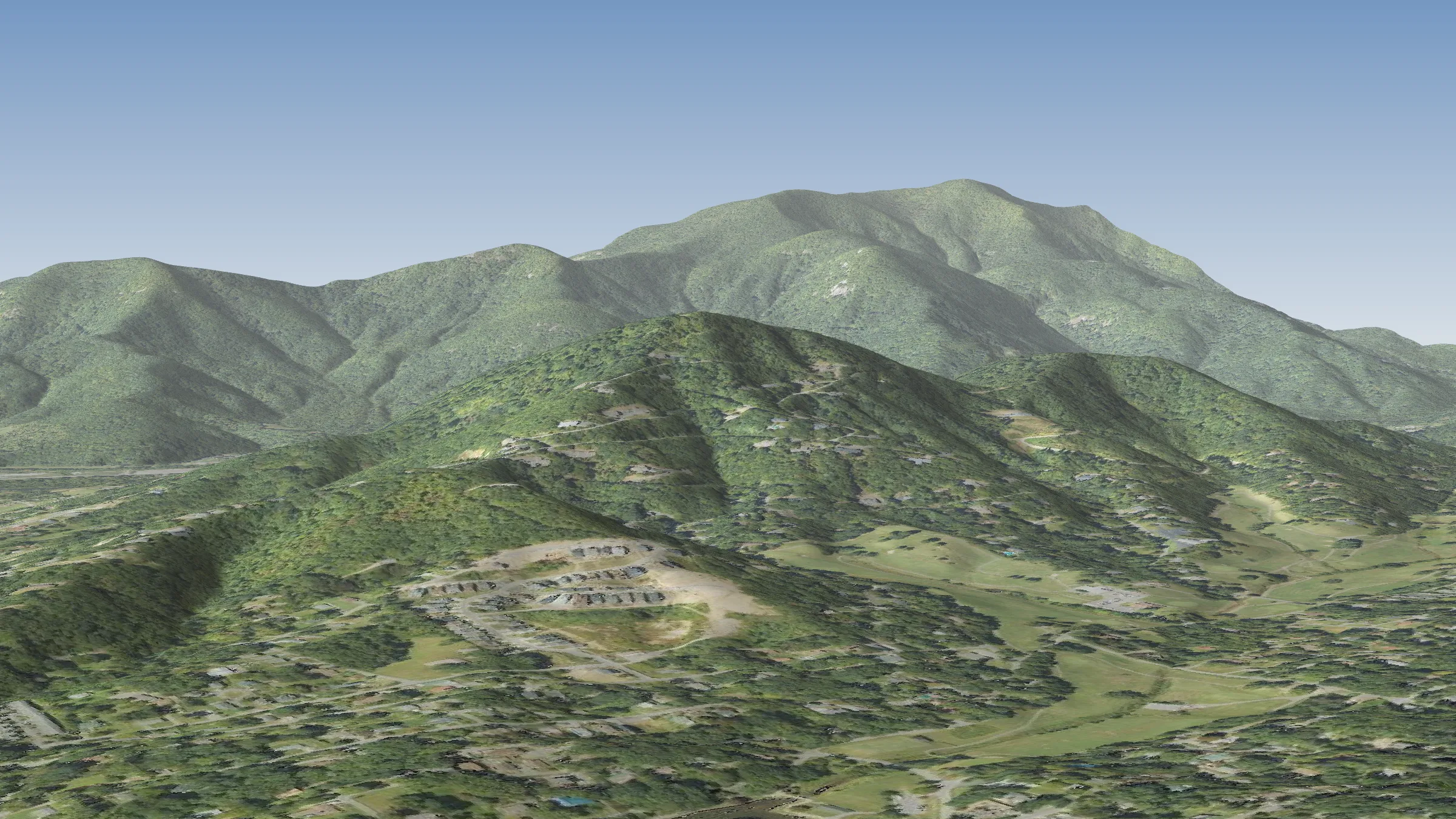 3D terrain view looking north-west from above downtown Black Mountain toward Allen Mountain, with an arrow marking 337 Pinnacle Drive at the summit of the nearer ridge